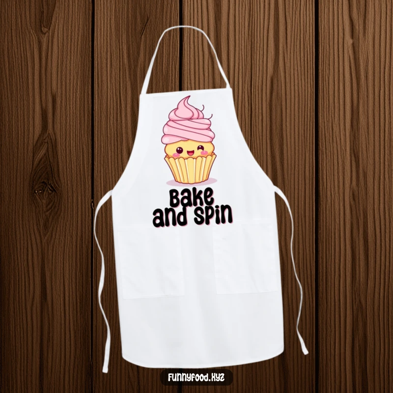 Funny apron depicting a playful cupcake with frosting hair excitedly spinning, adding humor to kitchen duties.