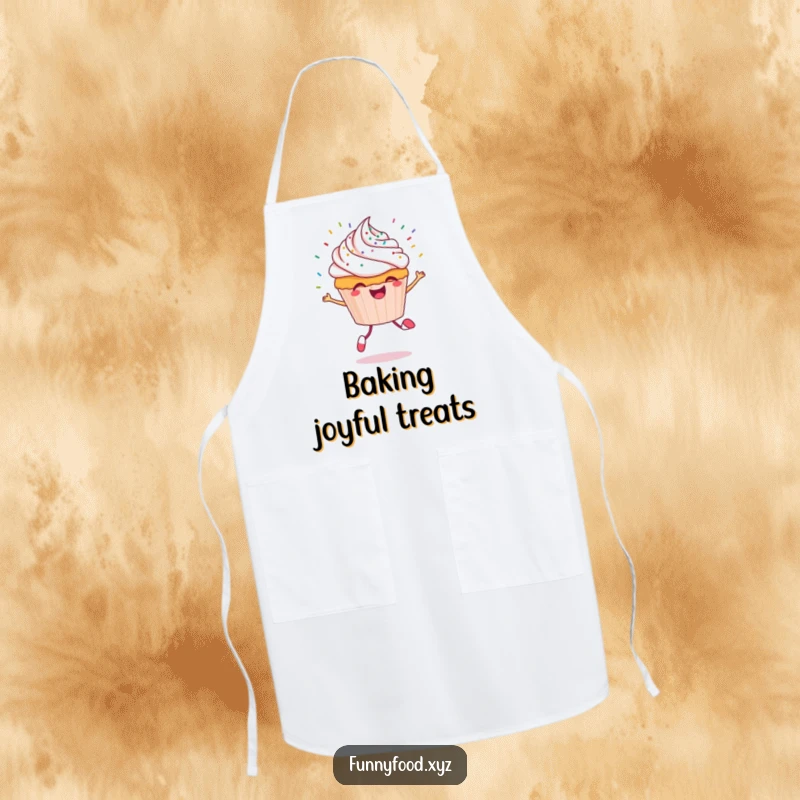 Funny cupcake apron showing a cheerful cupcake character skipping with colorful sprinkles flying, perfect for baking.