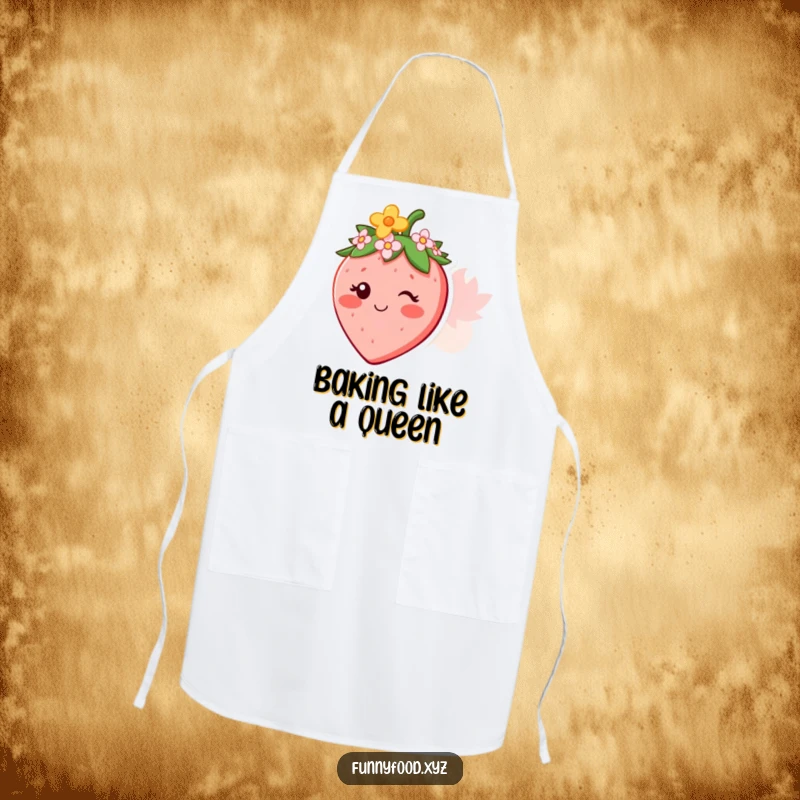 Funny apron adorned with a smiling strawberry character wearing a cute, tiny flower crown, perfect for bakers.