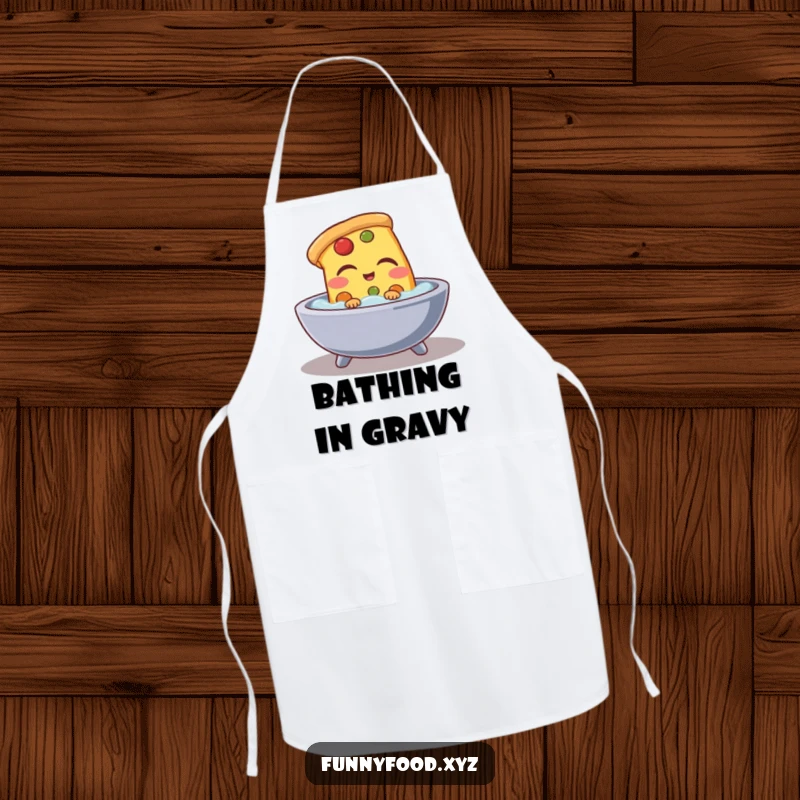 Funny pizza slice apron, depicting a pizza slice unwinding in a bubble bath, ideal for humorous kitchen activities.