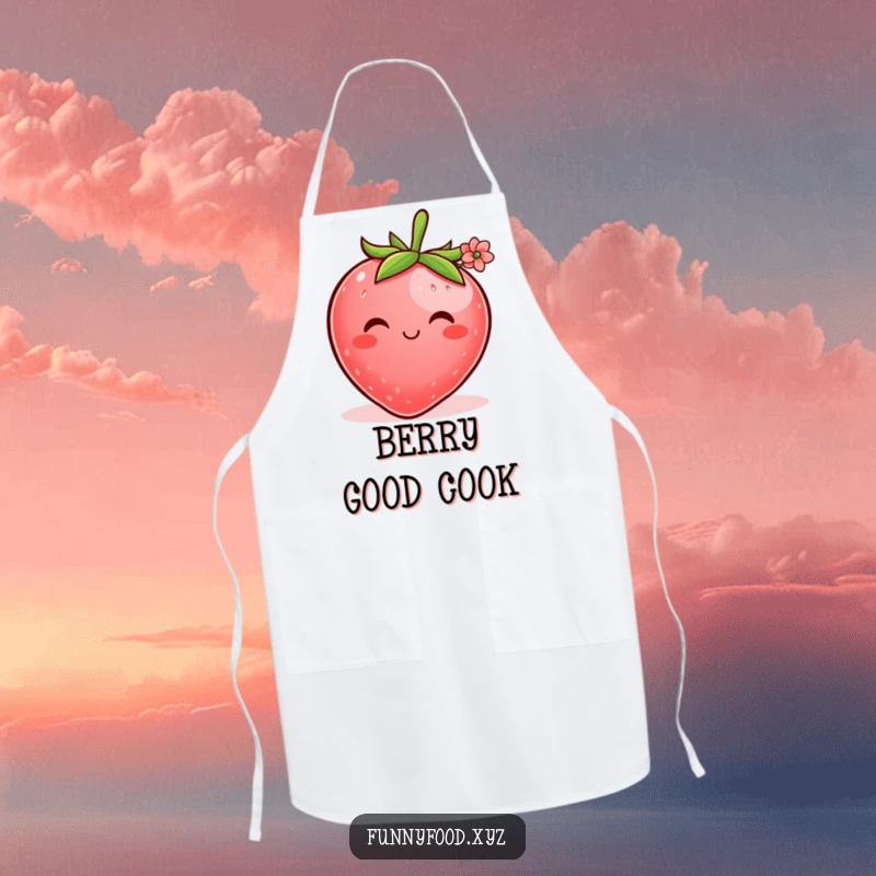 Funny kitchen apron depicting a shy strawberry with a gentle smile, offering a tiny flower, perfect for baking or cooking.
