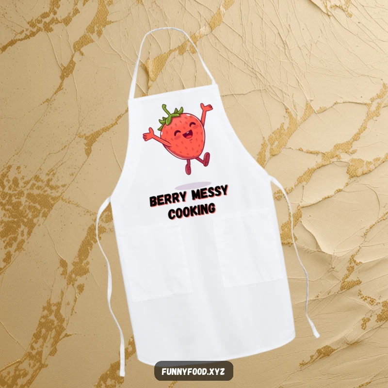 Funny apron featuring a gleeful anthropomorphic strawberry performing a playful leap, perfect for kitchen fun.