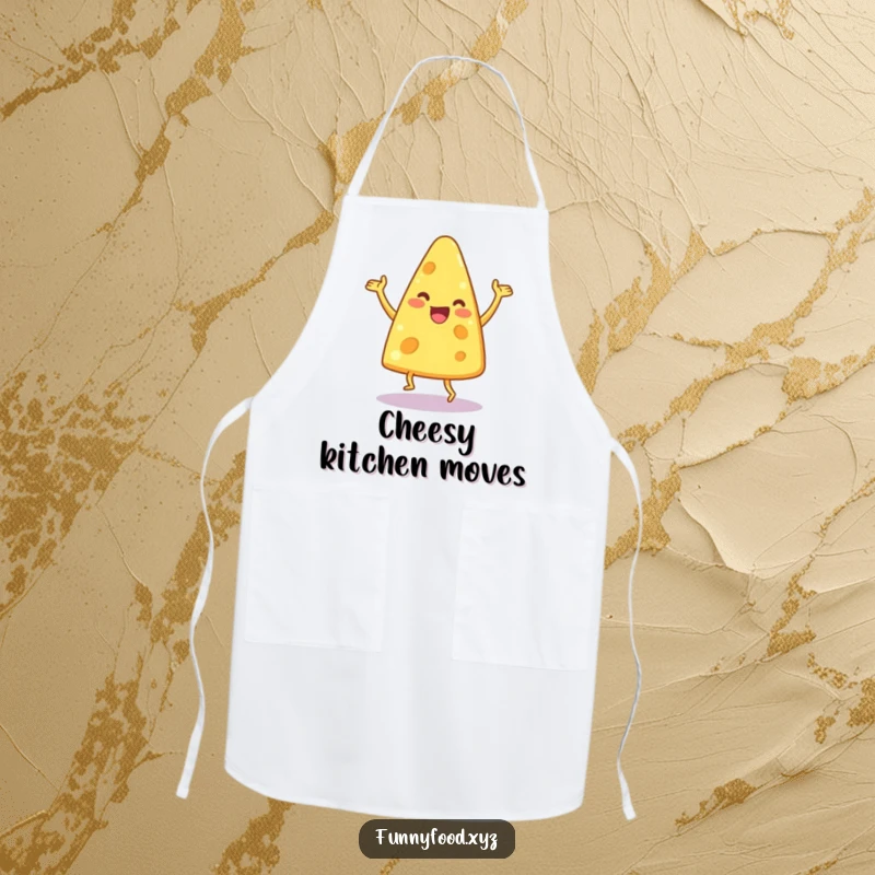 Funny apron showcasing a delighted anthropomorphic cheese wedge doing a silly, happy dance while cooking.