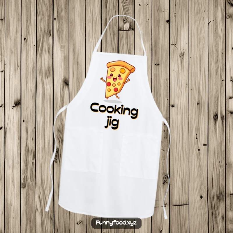 Funny apron with a playful pizza slice doing a little jig, looking energetic and ready to cook or dance.