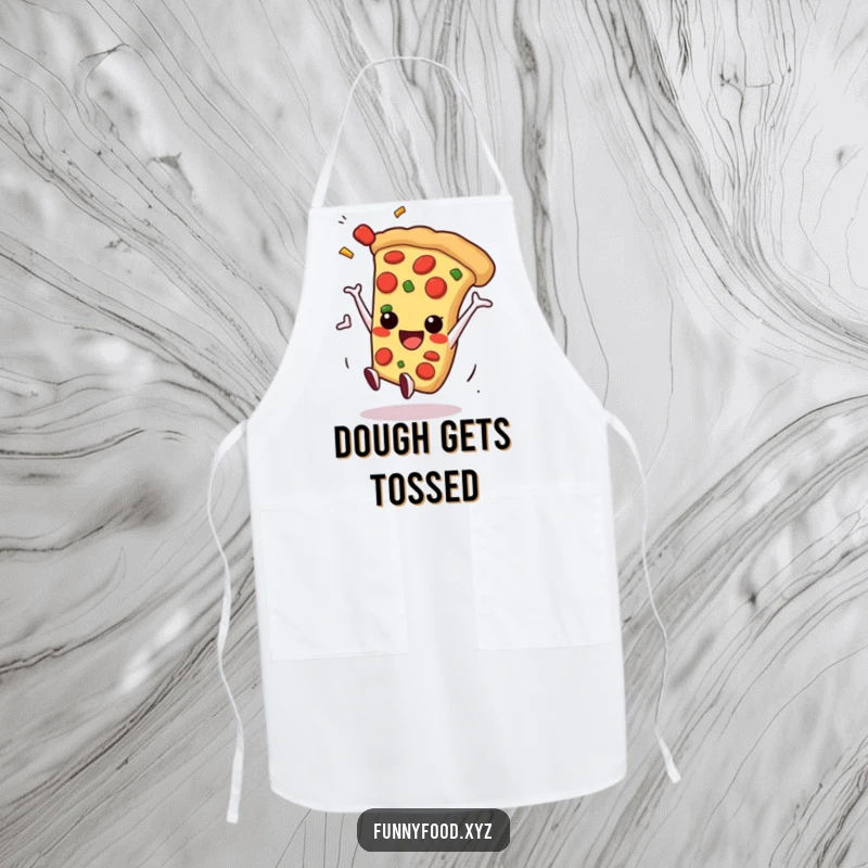 Smiling pizza slice character doing a playful somersault with toppings flying, ready for kitchen antics.