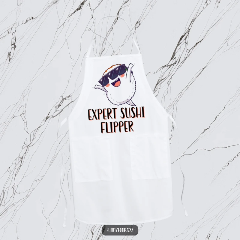 Funny apron depicting a sushi character with sunglasses executing a lively backflip, ready for kitchen adventures.