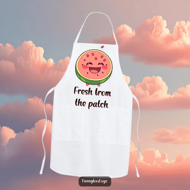Funny Laughing Watermelon Apron: A happy slice of watermelon laughs with seeds popping out, a funny and functional kitchen accessory.