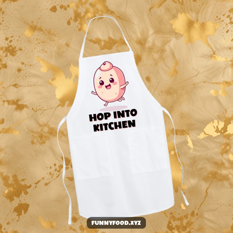 Funny candy piece apron showing a joyful candy doing a mischievous hop, ideal for bakers and home cooks.