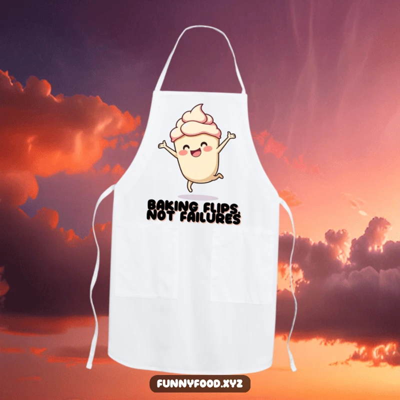 Funny apron with a cheerful cupcake doing a cartwheel, perfect for bakers and dessert lovers.
