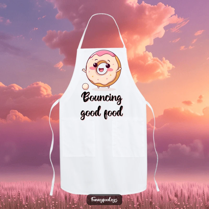 Funny donut apron showing a delighted donut character happily bouncing a small ball, ready for kitchen duties.