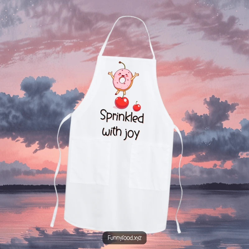 Funny Donut Apron depicting a delighted donut person balancing on a cherry while cooking, full of fun.