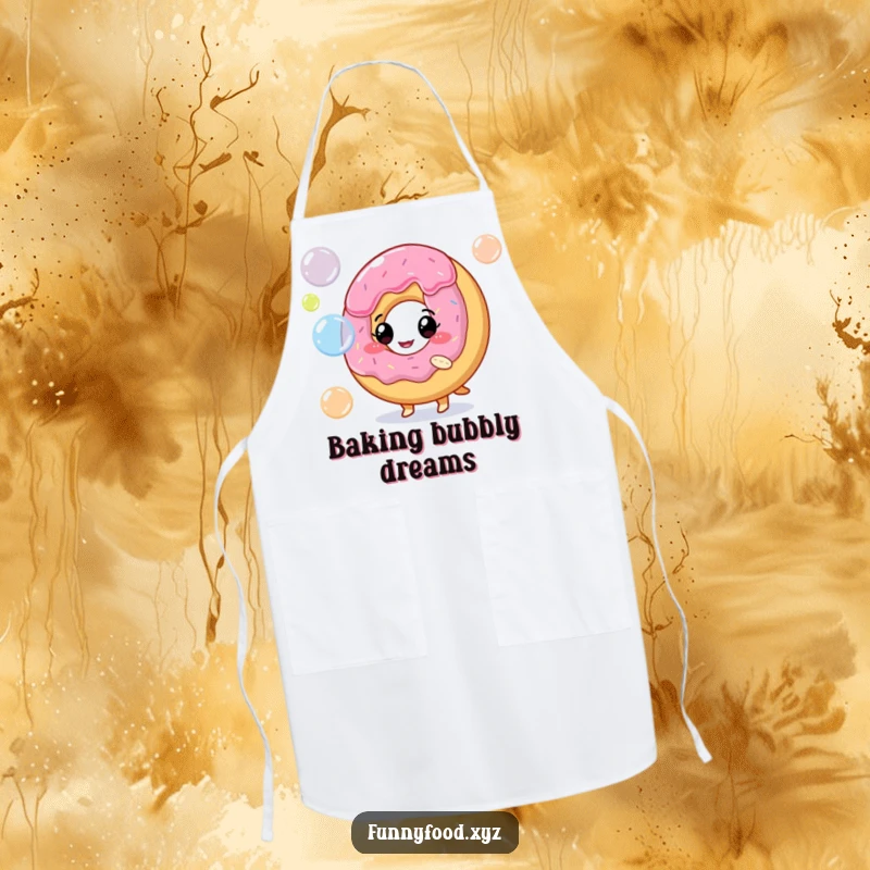 Funny apron decorated with a playful donut character blowing a joyous stream of colorful bubbles.