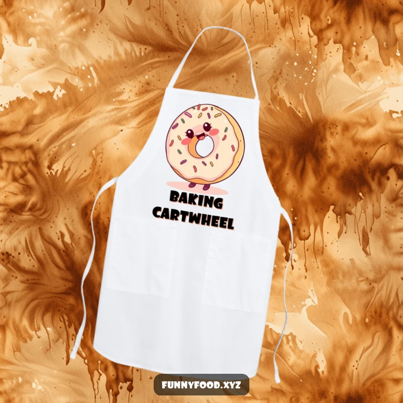 Funny apron depicting a giggling donut with sprinkles excitedly doing a cartwheel, adding humor to kitchen duties.