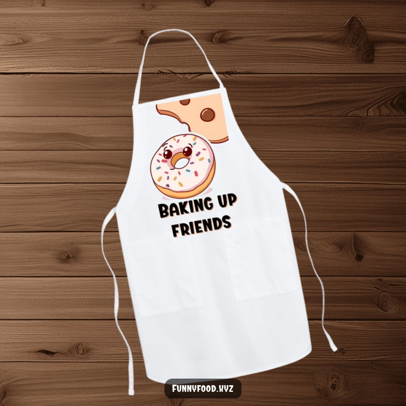 Funny doughnut apron, with sprinkles, curiously looking up at a cookie, a humorous and practical kitchen accessory.