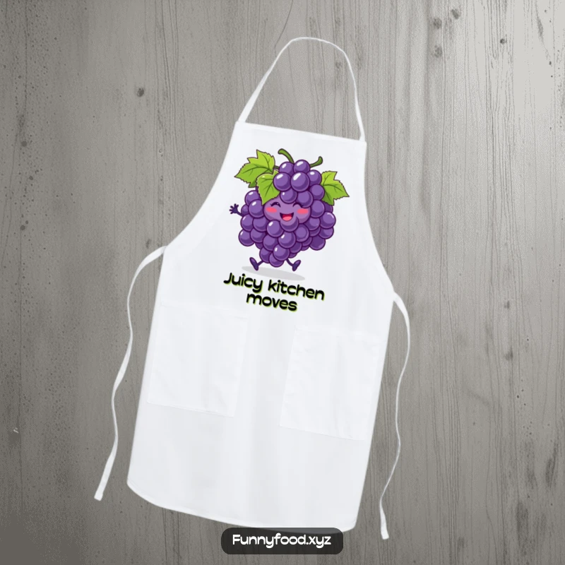 Funny bunch of grapes apron, doing a jig, with one grape rolling, a humorous and practical kitchen accessory.