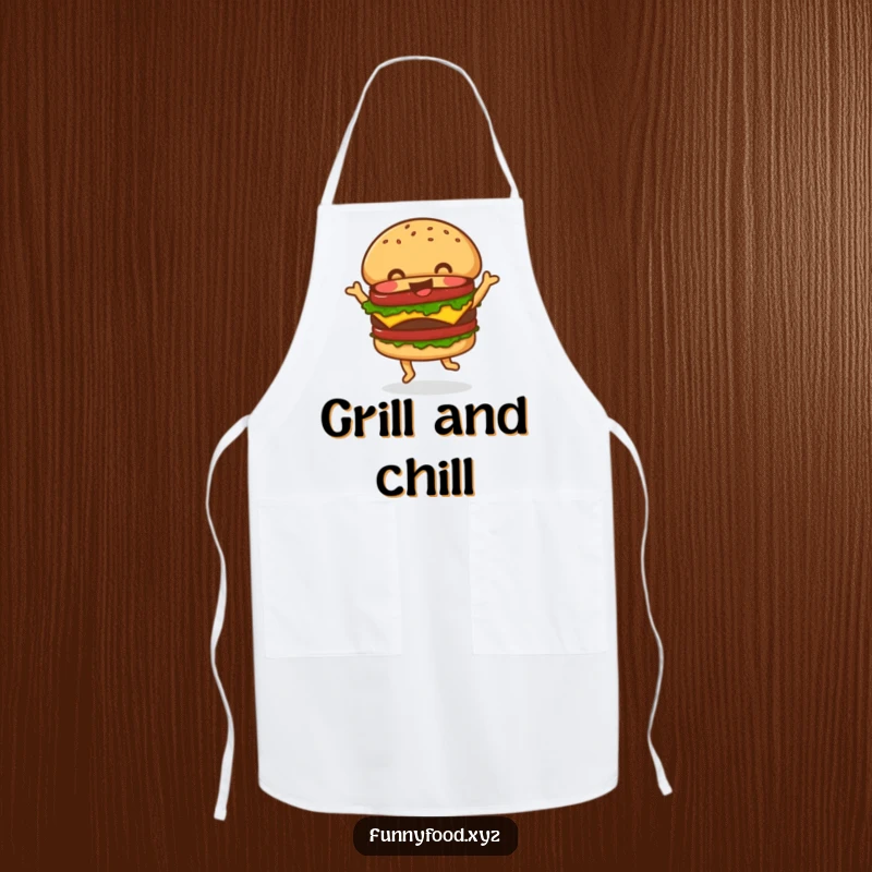 Funny Apron depicting a jolly hamburger happily dancing while cooking, adding a humorous and cheerful element to culinary adventures.