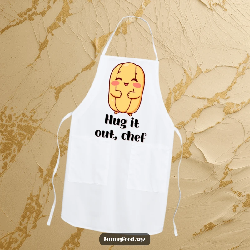 Funny hot dog bun apron showing a happy bun offering a warm hug, ideal for chefs and home cooks.