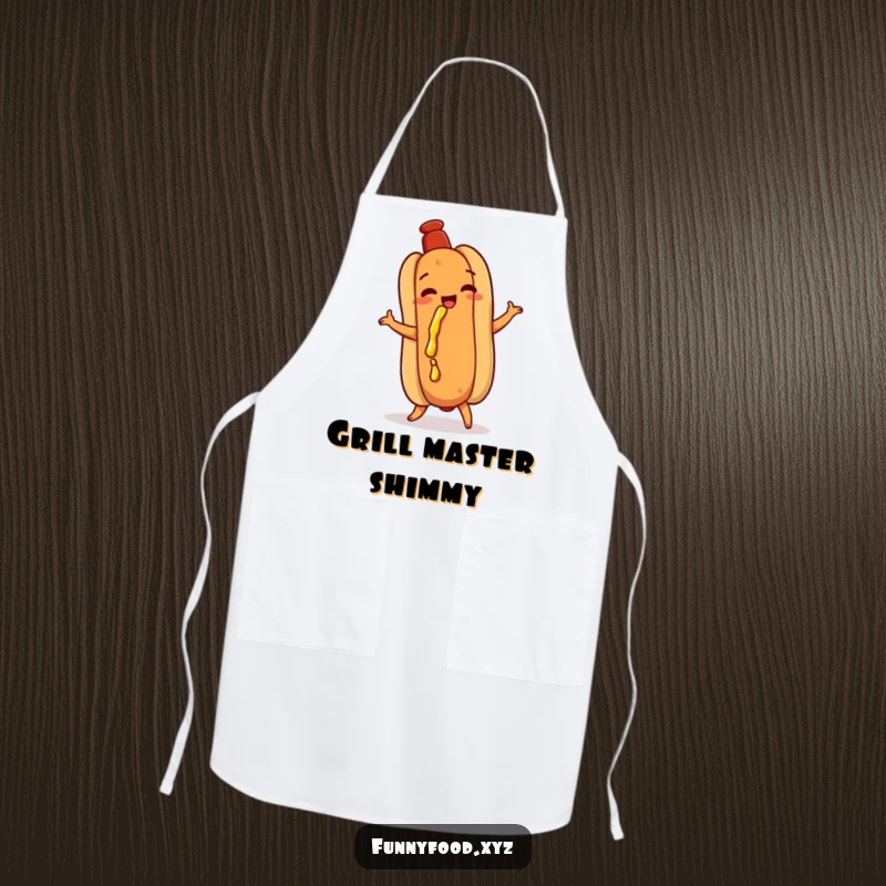 Funny hot dog apron, doing a playful shimmy, with mustard dribbling, a humorous and practical kitchen accessory.
