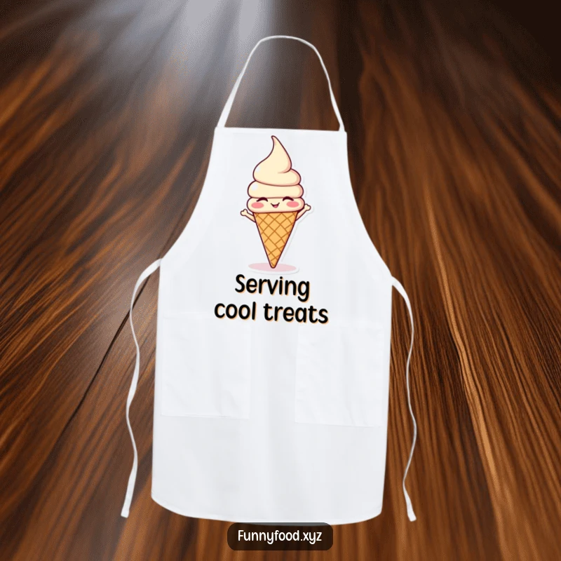 Funny winking ice cream cone doing a headstand while wearing an apron, perfect for humorous kitchen activities.