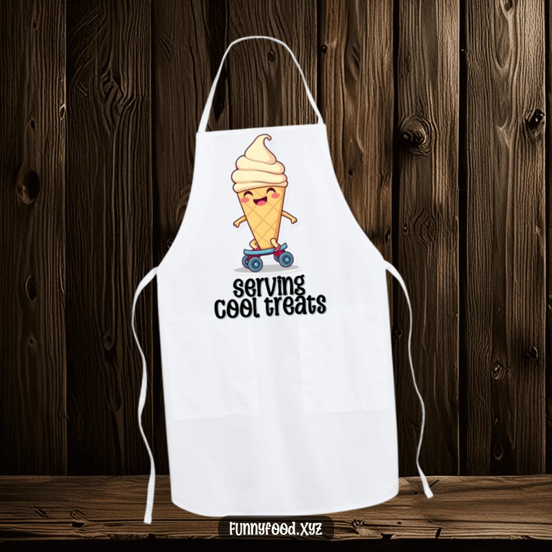 Funny ice cream cone apron featuring a smiling character effortlessly riding a tiny roller skate, adding a playful touch to kitchen tasks.