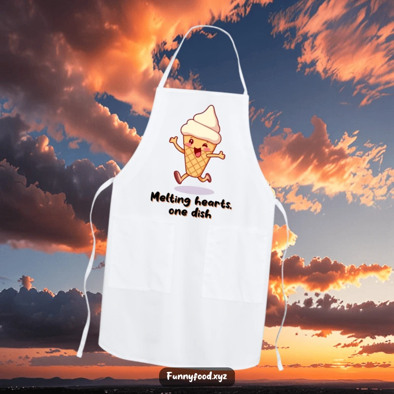 Funny apron with a happy skipping ice cream cone, perfect for kitchen fun and protecting clothes with sweetness.