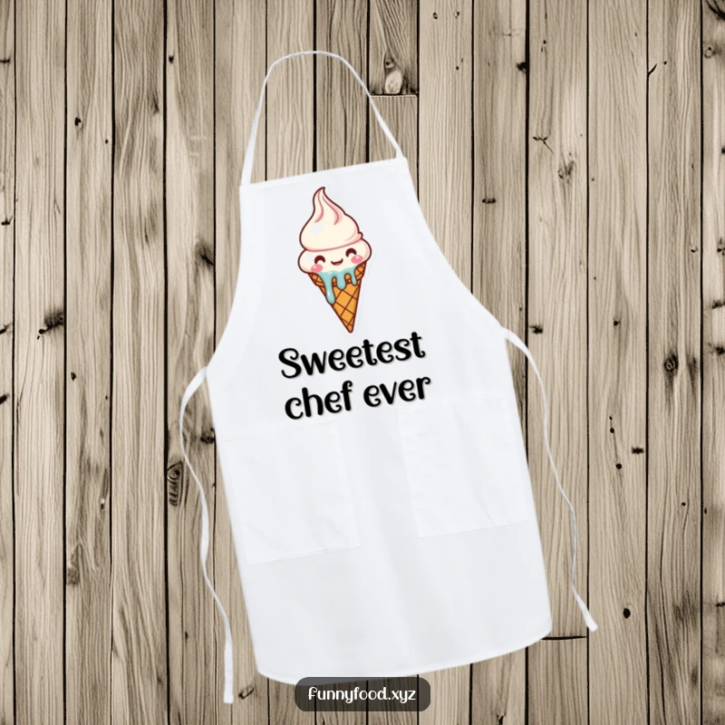Funny melting ice cream cone apron character cooking happily, cute and practical kitchen wear.