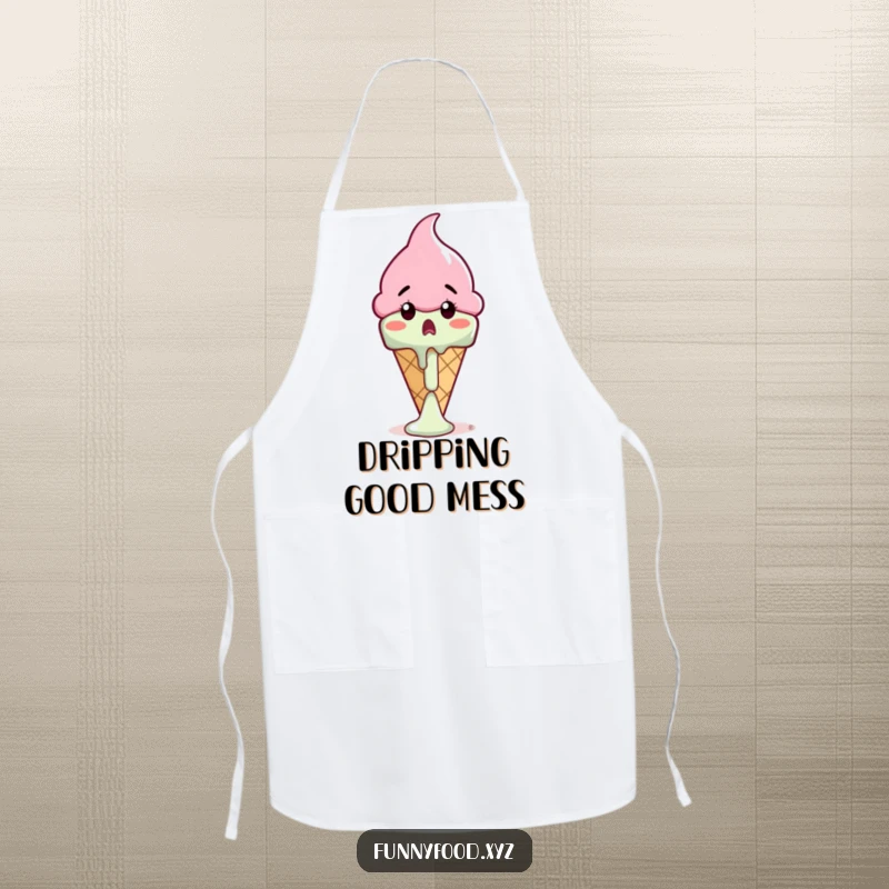 Funny ice cream cone apron showing a surprised cone watching its drip melt, ideal for bakers and summer cooks.