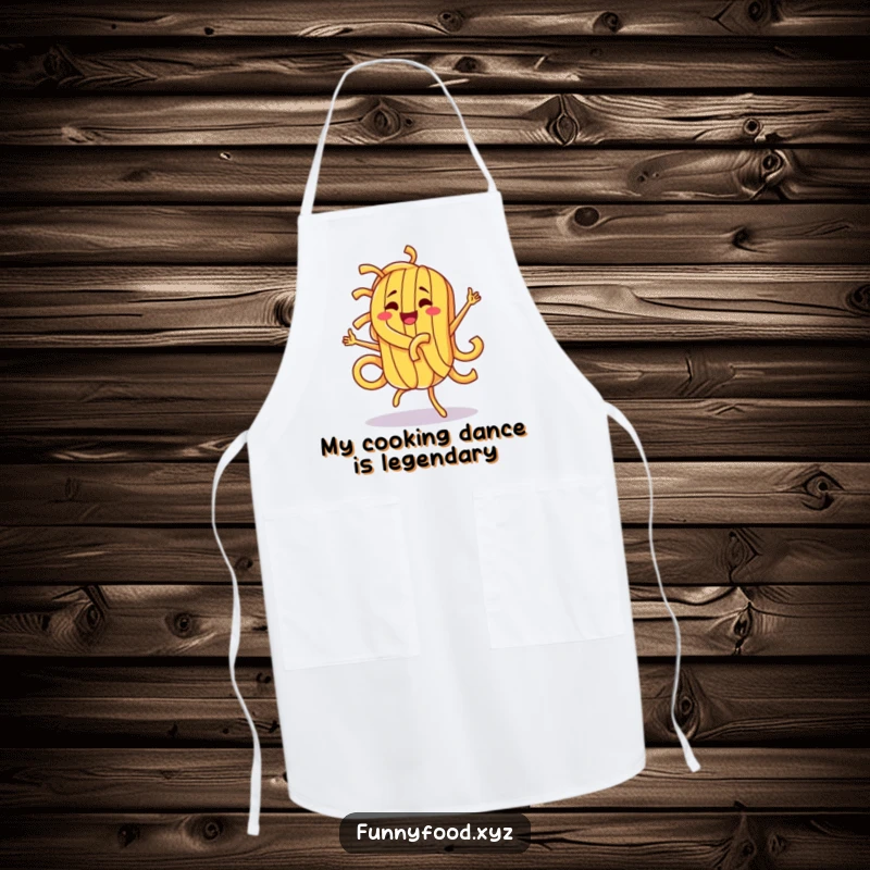 Funny pasta character performing a jubilant dance while wearing a chef's apron, adding humor to kitchen activities.