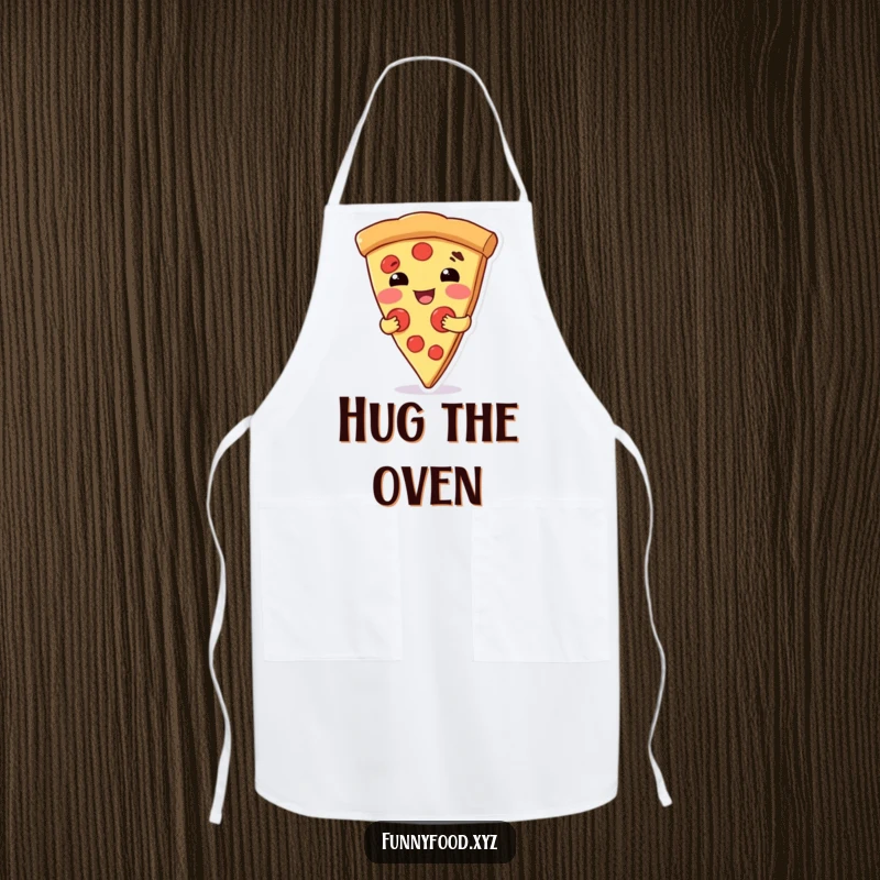 Funny apron featuring a pizza slice character giving a warm, friendly hug, perfect for chefs who love food and laughs.