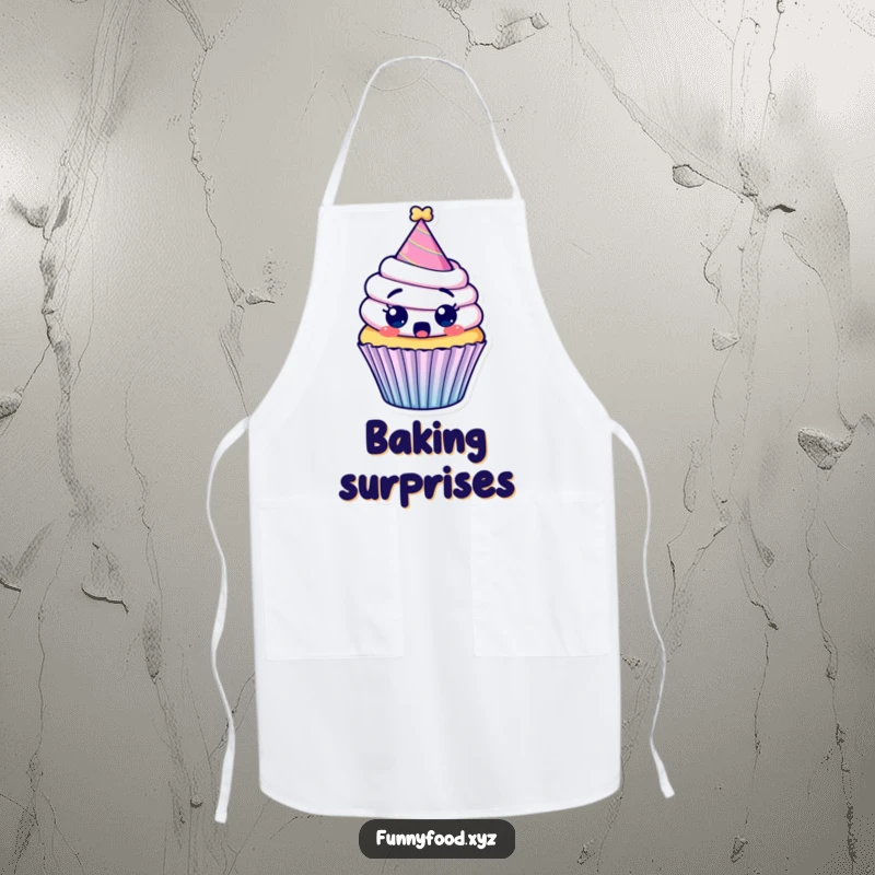 Funny apron with a surprised cupcake wearing a party hat, looking comically shocked and ready to celebrate.