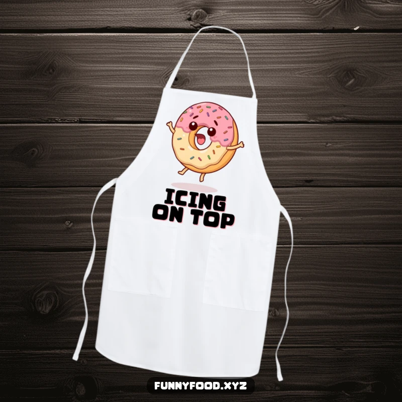 Funny apron with a surprised donut covered in sprinkles, captured mid-jump, perfect for a fun baker.