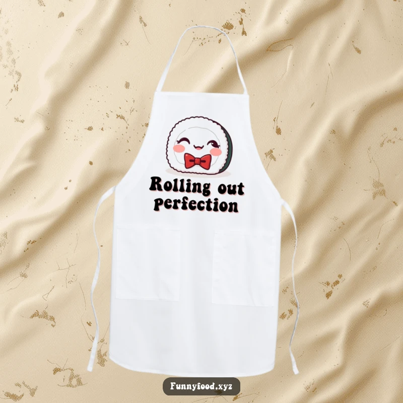 Funny apron with a giggling sushi roll in a bowtie, perfect for kitchen fun and protecting clothes with Japanese flair.