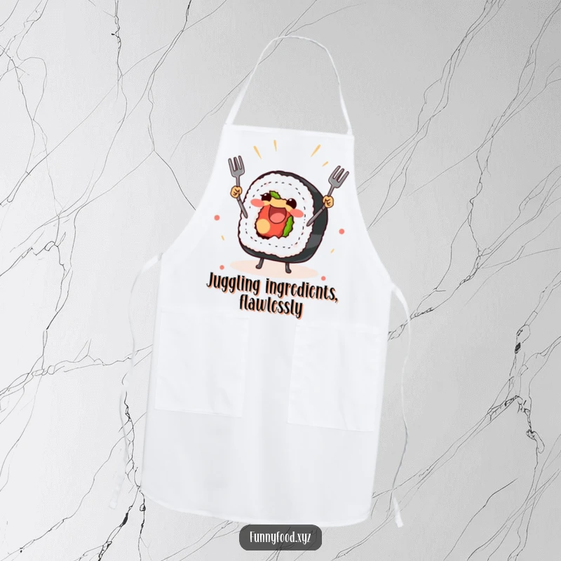 Funny apron with a joyful sushi roll juggling forks, perfect for chefs and sushi lovers.