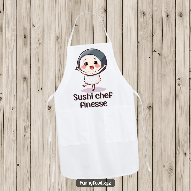 Smiling sushi roll character performing a pirouette, featured on a functional and humorous apron for elegant kitchens.