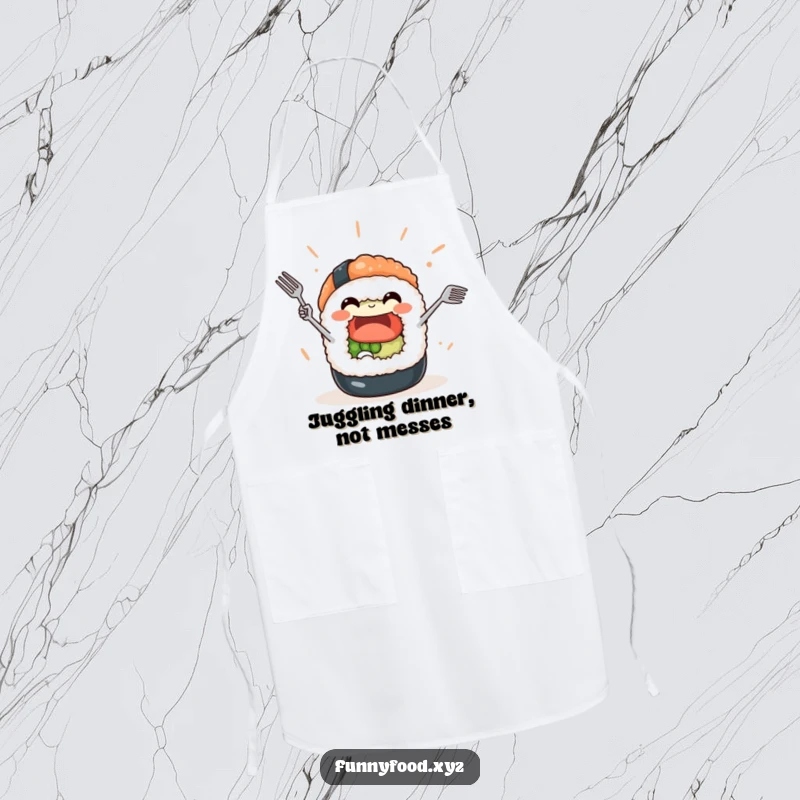 Funny Sushi Roll Apron: A skilled sushi character masterfully juggles miniature forks, making this a funny kitchen accessory.