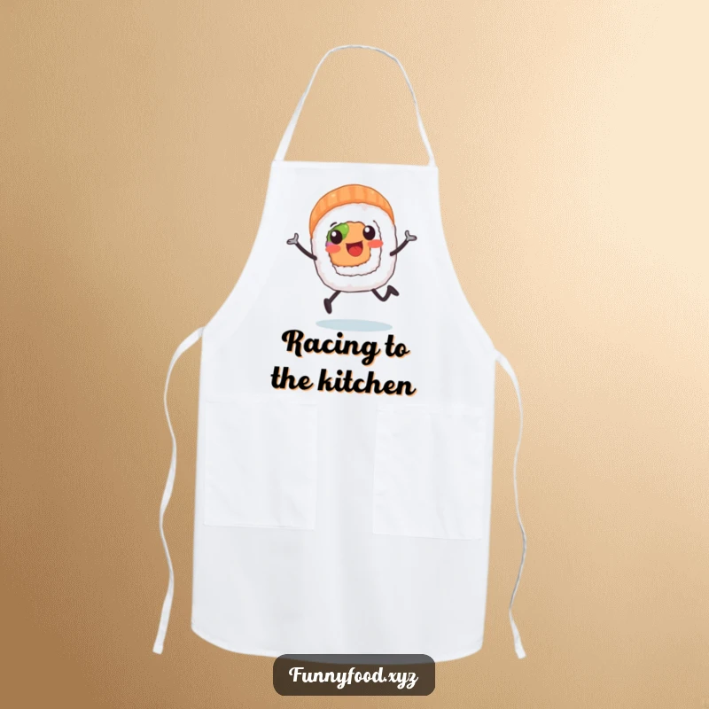 A funny sushi roll with legs shown running, printed on a practical and humorous apron for cooking.
