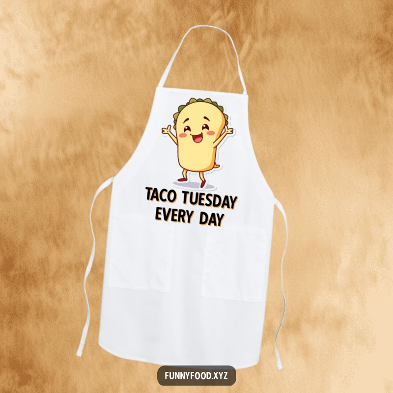Funny taco apron, a happy taco character doing a silly dance, perfect for kitchen activities and parties.