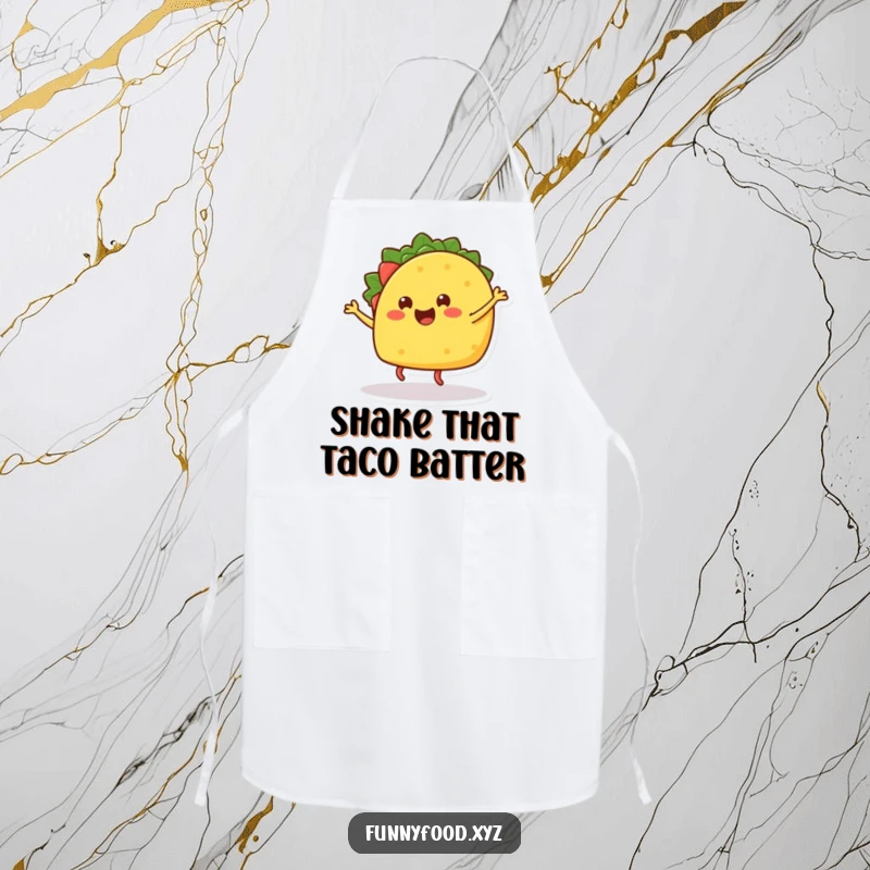 Funny apron with a happy taco dancing, adding fun and protection for cooks.