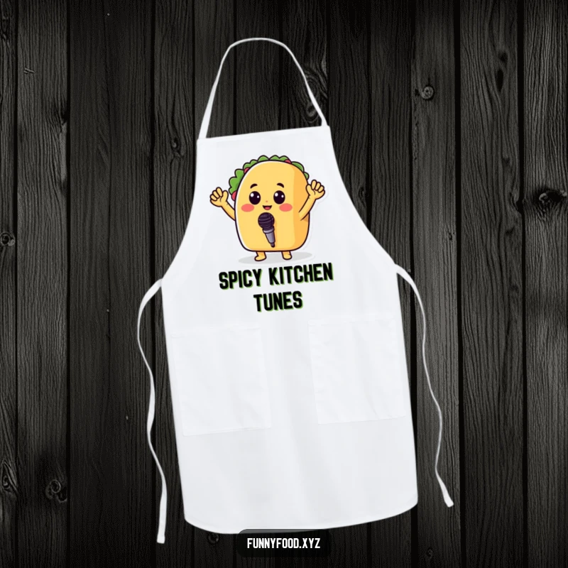 Funny apron with a cheerful taco holding a tiny microphone, ready to sing its heart out while you cook.