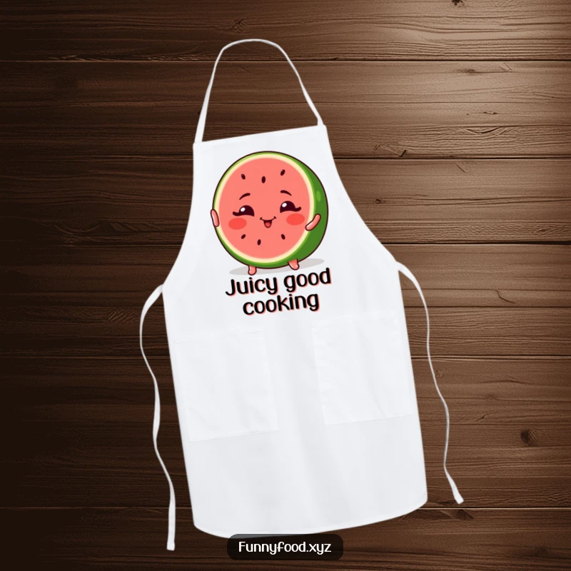Funny Watermelon Apron with a winking watermelon slice striking a pose, ready for kitchen fun and protection.