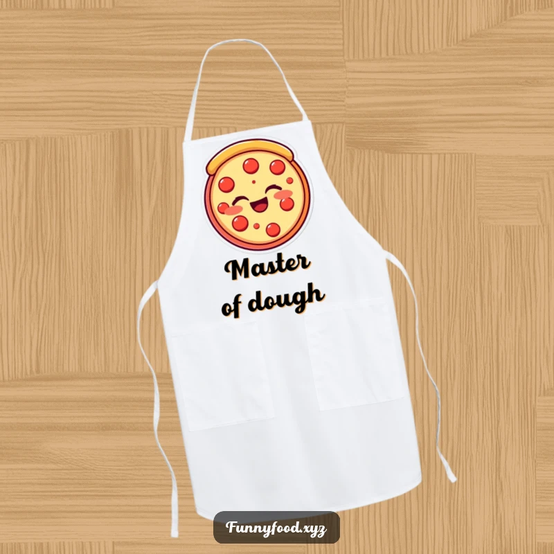 Funny pizza slice apron showing a beaming, winking pizza slice, ideal for a cheerful pizza lover. Great funny gift.