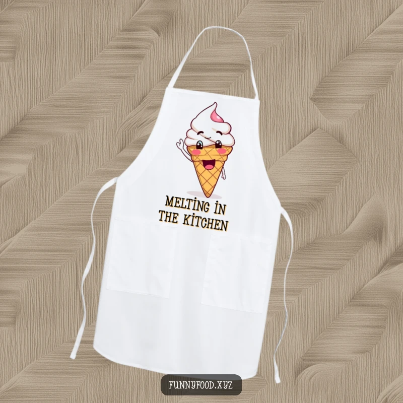Funny Ice Cream Apron with a goofy ice cream cone waving its scoop, perfect for kitchen fun.