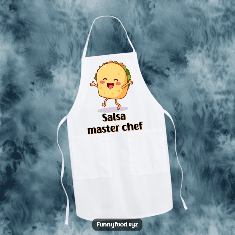 Funny taco apron, depicting a taco with legs doing a salsa dance, perfect for humorous kitchen activities.