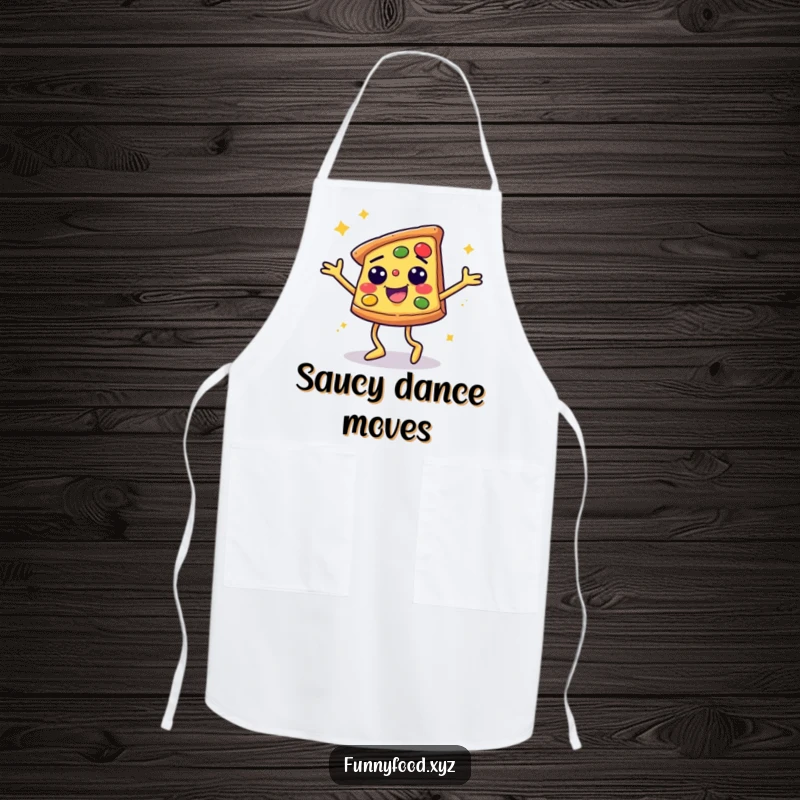 Funny apron featuring a smiling pizza slice with animated legs performing a disco dance, perfect for a fun cook.