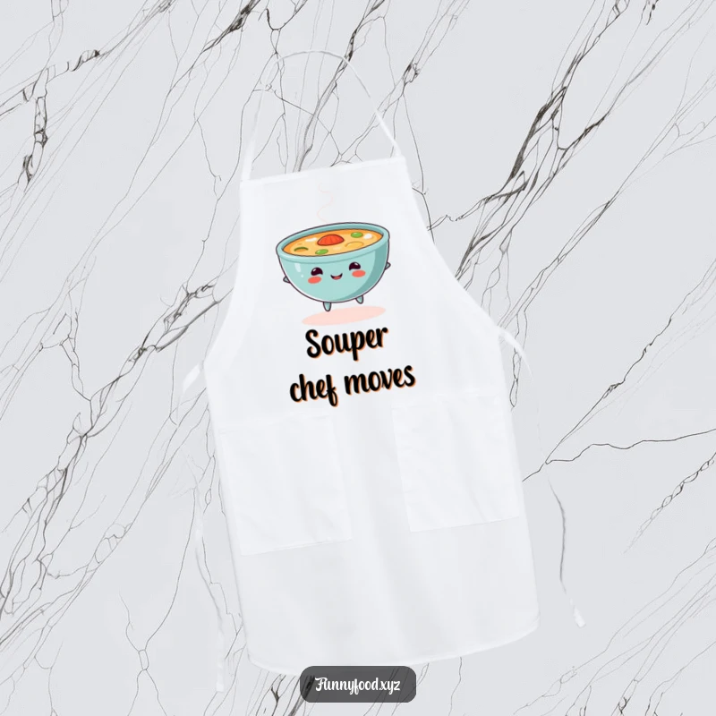 Funny soup apron, depicting a content bowl of soup skipping with steam, ideal for humorous kitchen activities.
