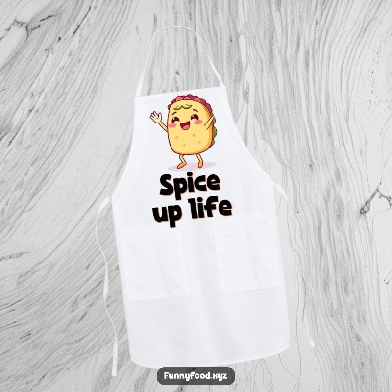 Cheerful taco with legs, enthusiastically waving and doing a lively jig, ready for kitchen festive fun.