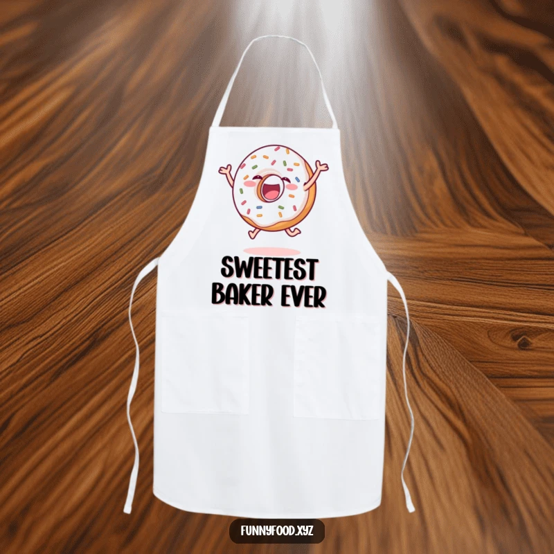 Funny donut apron showing a delighted donut with sprinkles joyfully leaping, perfect for a cheerful cook. Great funny gift.