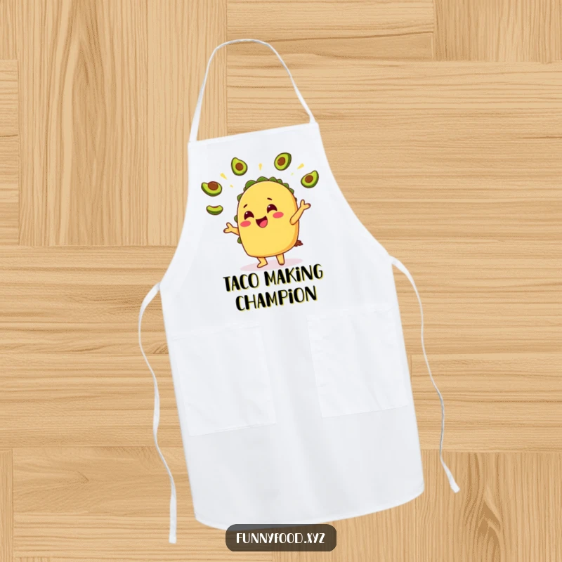 Funny Taco Avocado Apron: A practical apron featuring a cheerful taco juggling avocado slices, ideal for a fun-loving kitchen.