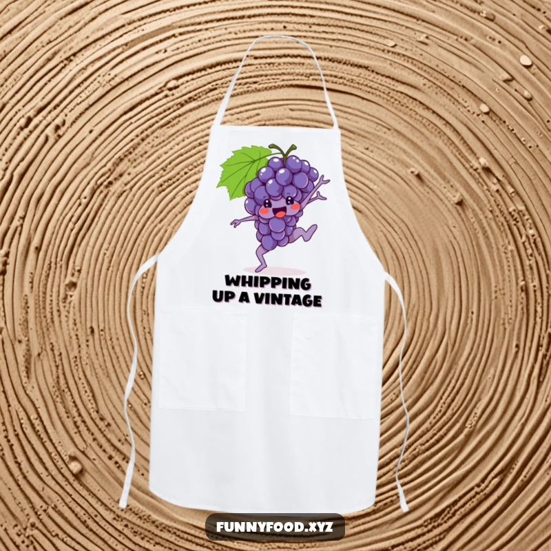 Funny Grapes Apron with a brave bunch of grapes performing a gymnastic move, ready for kitchen workouts.