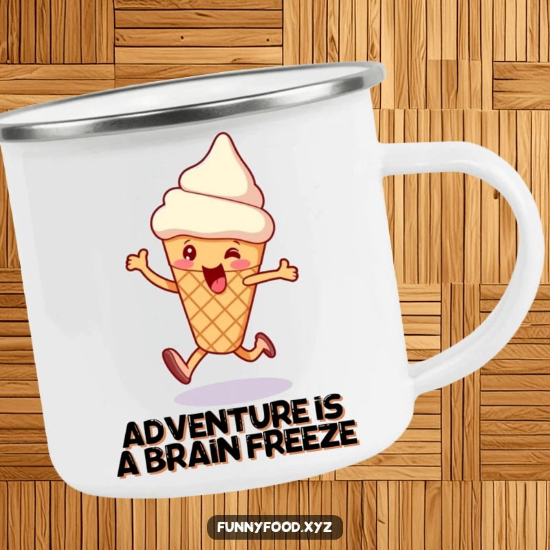 Funny camping mug featuring a happy skipping ice cream cone, perfect for enjoying drinks outdoors with sweet fun.